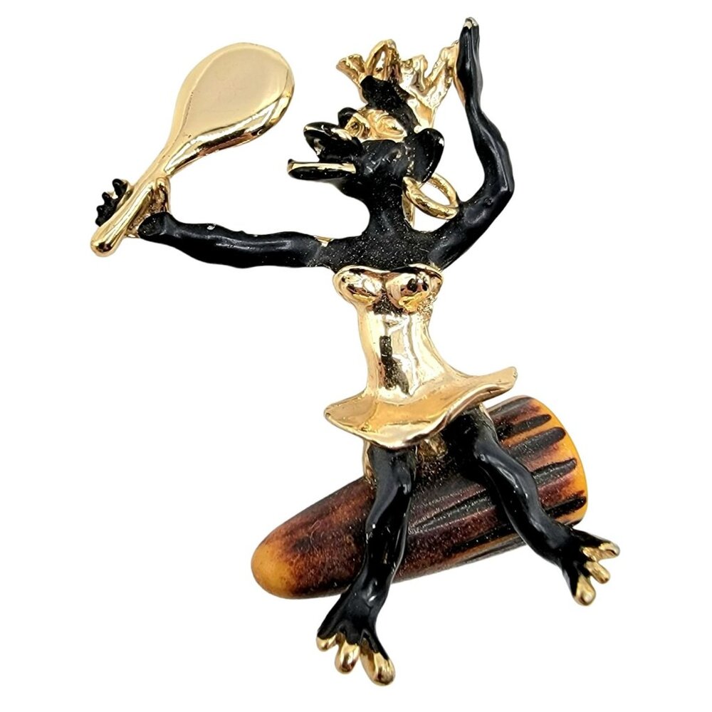 Vintage Bakelite Tribal Congo Drum Woman Mirror Charles F Worth Figural Brooch